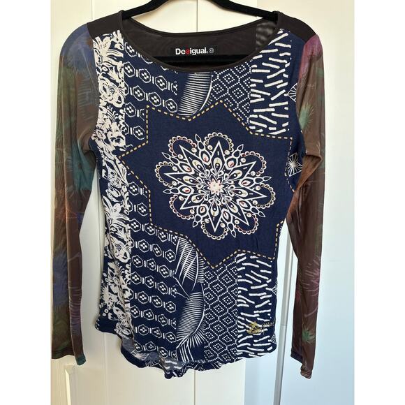 Vintage Y2K Desigual Boho Graphic Mesh Long Sleeve Shirt, Size XS, EUC - Picture 1 of 5